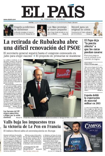 Alfredo Pérez Rubalcaba asumió toda la responsabilidad por el mal resultado del PSOE en las elecciones europeas sin esperas. "La responsabilidad del muy mal resultado es mía, mía y mía", afirmó al anunciar su decisión, que abocaba al partido a un proceso de renovación complicado.<p> <b>Noticia</b>: <a href="http://politica.elpais.com/politica/2014/05/26/actualidad/1401102768_248408.html" target="blank">Rubalcaba tira la toalla y convoca en julio un congreso extraordinario tras la debacle</a>