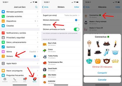 Pegatinas y máscaras contra la Covid-19 en Telegram.