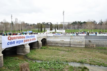 Manifestación en contra de la contaminación de los ríos celebrada junto al renaturalizado cauce del Manzanares, en Madrid.