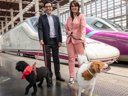 El director general de Nestlé Purina España, Mark El Khoury, y la directora general de Renfe Viajeros, Sonia Araujo López, este miércoles con sendos perros en la estación de Atocha.