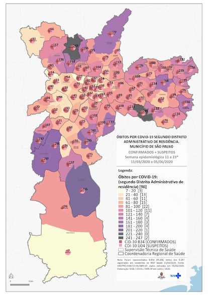 Esse é o mapa de mortes confirmadas e suspeitas de covid-19 em São Paulo por distrito.