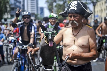 Cada año, en marzo, ciclistas limeños marchan por la capital peruana para exigir mejores infraestructuras para las bicicletas y recordar a quienes perdieron la vida sobre dos ruedas. Un anciano posa junto con su mascota durante una concentración de 2013.