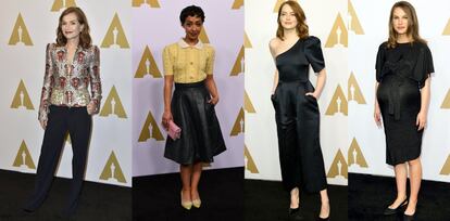 Las nominadas al Oscar como mejor actriz. De izquierda a derecha: Isabelle Huppert ('Elle'), Ruth Negga ('Loving'), Emma Stone ('La ciudad de las estrellas. La La Land') y Natalie Portman '(Jackie'). En esta categoría también estuvo ausente a una de sus más habituales: Meryl Streep, nominada por 'Florence Foster Jenkins'.