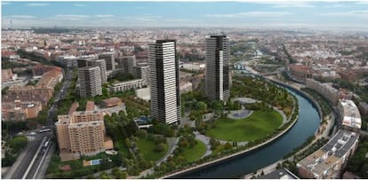 Plano del futuro parque y los dos rascacielos junto al río Manzanares.