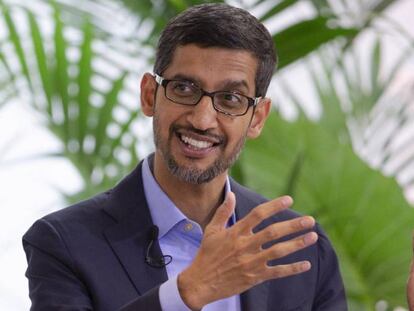 El CEO de Google, Sundar Pichai, durante su conferencia en Bruselas. 