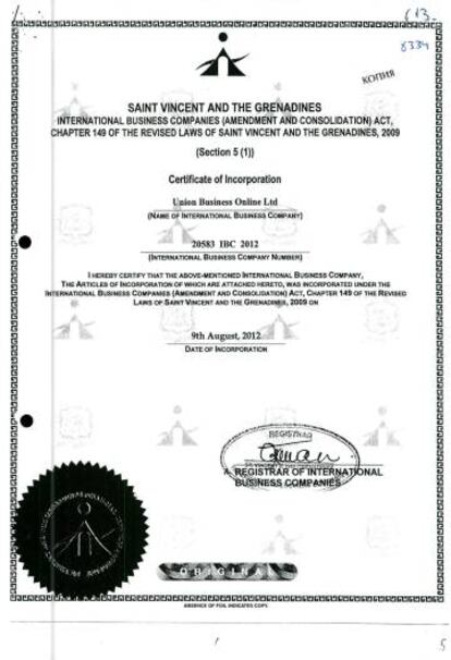 Documento que acredita la constitución de la sociedad Union Business Online LTD en el paraíso fiscal de San Vicente y las Granadinas.