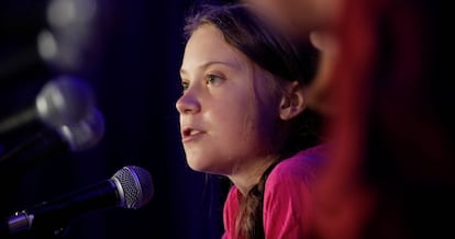 Greta Thunberg en una rueda de prensa este lunes en Nueva York (EE UU).