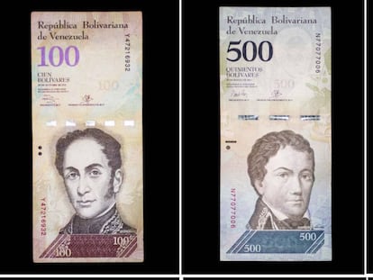 Detalhe de bilhetes do atual cone monetário de Venezuela.