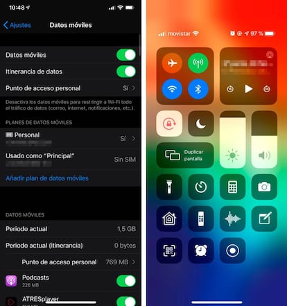 Ajustes de eSim (i) y panel de control con iPhone bloqueado (d).