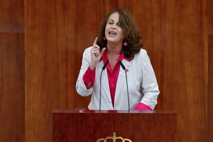 La diputada de Más Madrid, Carla Antonelli interviene en el pleno de la Asamblea de Madrid celebrado este jueves.