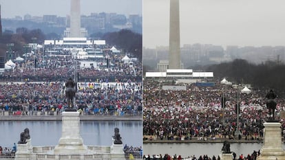 A la izquierda, una vista de la avenida &#039;National Mall&#039; durante la toma de posesi&oacute;n de Trump y a la derecha la manifestaci&oacute;n al d&iacute;a siguiente