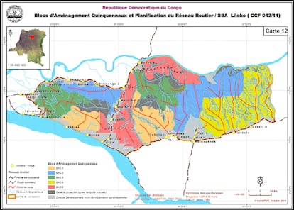 Mapa extraído del plan de manejo de la concesión de tala industrial 042/11. Las líneas rojas representan la red de carreteras que la empresa prevé abrir para evacuar la madera. En azul, las zonas donde prevé talar a partir de 2024, incluyendo el bosque de Ngazi.  