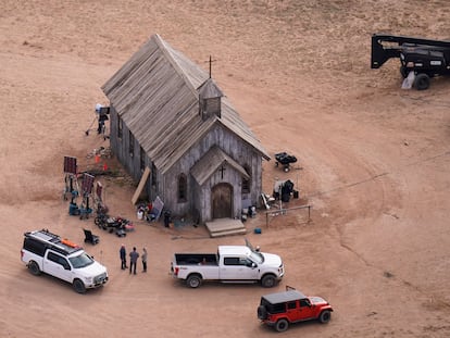 This aerial photo shows the movie set of  "Rust" at Bonanza Creek Ranch in Santa Fe, N.M., on Saturday, Oct. 23, 2021.