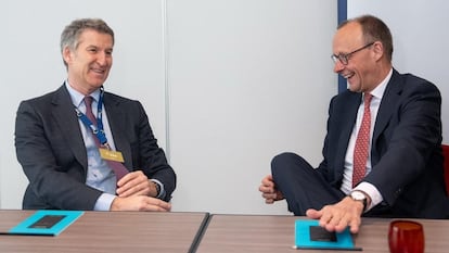 El presidente del PP, Alberto Núñez Feijóo, se reúne con el canciller alemán, Friedrich Merz, el pasado marzo en Bruselas.