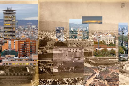 Retrofotografiar Barcelona con Mark Klett. Fragmento de la obra "Miramar 1", una de las dos obras de Klett que se exponen en el Archivo Fotográfico de Barcelona, en la que se puede ver superpuesto varios fragmentos de la muralla de la ciudad, huertos, las atarazanas y los actuales edficios de la Torre Colón y el monumento al descubridor.