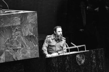 Fidel Castro dirige-se à audiência como presidente do Movimento dos Não Alinhados nas Nações Unidas em Nova York,12 de outubro de 1979.