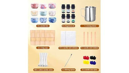 Candle making kit on white background.