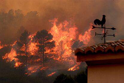 El fuego devasta el pinar junto a un chalé en la sierra de Cabrera, ayer.