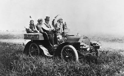 The Apache leader Geronimo and three other Indigenous men on a car, circa 1904, placed there by American captors. 