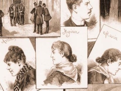 Ilustración de la época con los principales personajes del caso recopilada en el libro 'Los procesos célebres seguidos ante el Tribunal Supremo en sus 200 años de historia'.