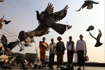 Un grupo de personas arroja comida para alimentar a las aves frente al Palacio Real, en Phnom Penh (Camboya).