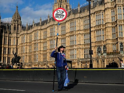 Un manifestante en contra del Brexit frente al Parlamento británico en Londres.