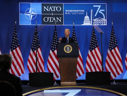 Joe Biden, durante la rueda de prensa del jueves en la cumbre de la OTAN.
