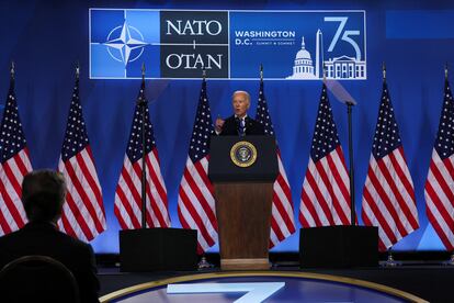 Joe Biden, durante la rueda de prensa del jueves en la cumbre de la OTAN.