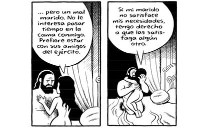 Las relaciones entre la Iglesia Católica y la sexualidad han sido tradicionalmente tensas. Sin embargo, su texto fundamental, la Biblia, está plagado de sexo y violencia, sobre todo en las páginas del Antiguo Testamento. 'María lloró sobre los pies de Jesús' es una novela gráfica de Chester Brown (viñeta, sobre estas líneas) que acaba de lanzar en español Ediciones La Cúpula. Ahí se recogen los episodios más tórridos de las Sagradas Escrituras: el vicio de Onán, que eyaculaba en la tierra, el adulterio de David y Betsabé o la historia de Rahab, prostituta de Jericó. El foco se sitúa en las mujeres que, en su autonomía, se alzaron sobre el patriarcado.