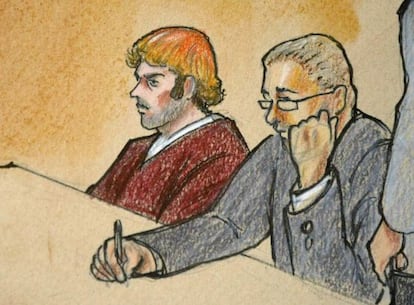 Un dibujo de la comparecencia de James Holmes ante el juez, el 30 de julio.