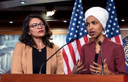 As congressistas Rashida Tlaib e Ilhan Omar, em julho.