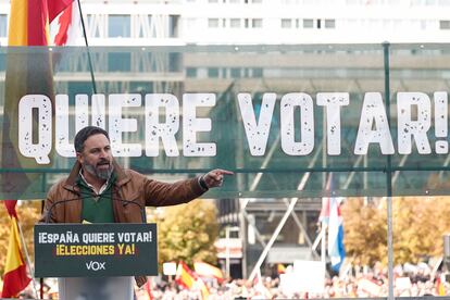 El líder de Vox, Santiago Abascal, en la concentración convocada por su partido este domingo en Madrid.