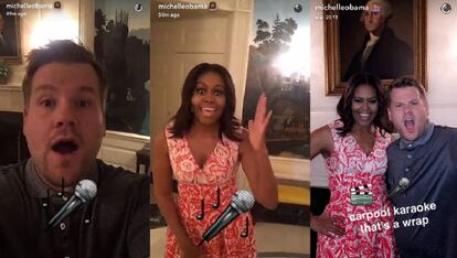 Capturas do Snapchat de Michelle Obama, nas quais a primeira dama do EUA aparece ao lado do apresentador James Corden.