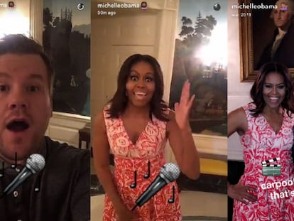 Capturas do Snapchat de Michelle Obama, nas quais a primeira dama do EUA aparece ao lado do apresentador James Corden.