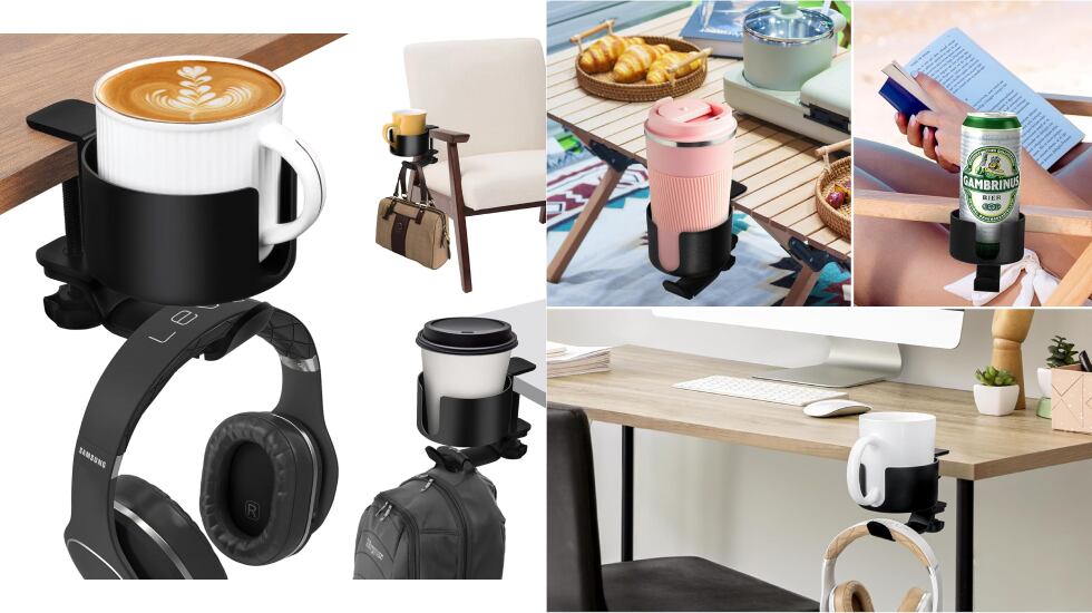 Posavasos de escritorio con soporte para auriculares.