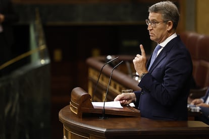 Feijóo da la réplica al presidente del Gobierno, Pedro Sánchez, durante el pleno extraordinario en el que ha presentado un plan de regeneración.