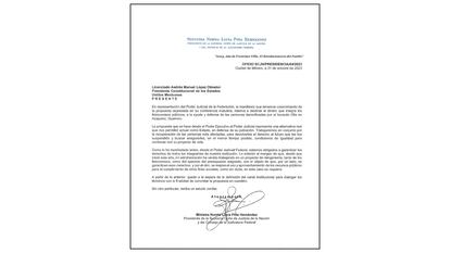 La carta con la que Norma Piña, ministra presidenta de la Suprema Corte, respondió a la sugerencia de López Obrador, este martes.