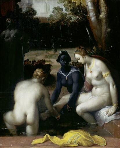 'Betsabé en el baño', de Cornelis Cornelisz van Haarlem (1594). El título de esta obra no ha cambiado pero la descripción original le daba un toque erótico y exótico por la sirvienta negra.