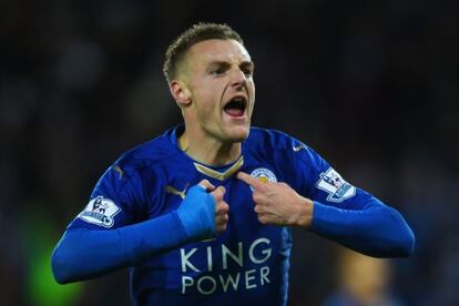 Vardy celebra su gol al United.