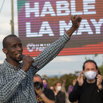 Dvd1051(02/05/21) Mitin de cierre de campaña de el candidato de Unidas Podemos Pablo Iglesias acompañado de Yolanda Diaz , Irene Montero , Alejandra Jacinto , Serigne Mbaye en el anfiteatro Lourdes y Mariano en el Parque de la Cuña Verde  , Vicalvaro , Madrid Foto: Víctor Sainz