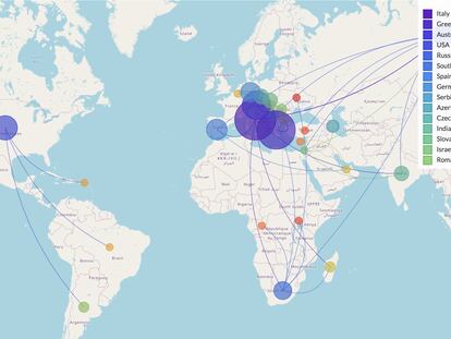 Mapa de las transmisiones del virus del Nilo Occidental. / CLINICAL BIOINFORMATICS AREA