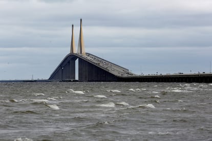 Traffic moves along the Skyway Bridge on north and south on Interstate 275 as residents evacuate St. Petersburg, Florida, ahead of Hurricane Milton.