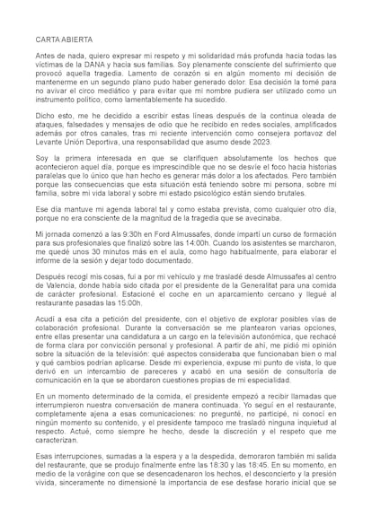 La carta abierta de Maribel Vilaplana publicada el 5 de septiembre de 2025.