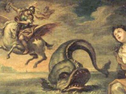 Un peix-drac i un cavaller, en una versi&oacute; de Perseu i Andr&ograve;meda.
