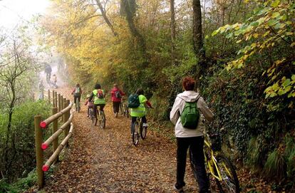 Un grupo de ciclistas en la Vía Verde del Tarazonica.