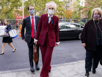 E. Jean Carroll arrives at the Daniel Patrick Moynihan United States Courthouse, Wednesday, Oct. 21, 2020, in New York.