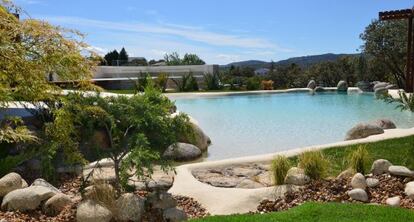 Piscina con forma de playa de arena seca, con piedras naturales y palmeras.