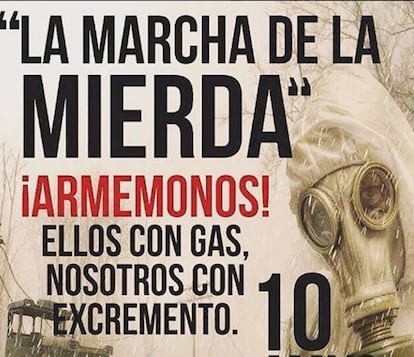 Cartel de la protesta que promueve lanzar excrementos a la polic&iacute;a.