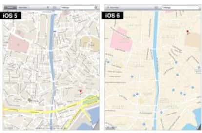 Los mapas de Google, a la izquierda, y de Apple.