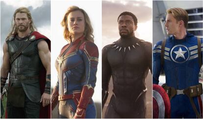 Thor (Chris Hemsworth), Capitana Marvel (Brie Larson), Black Panther (Chadwick Boseman) y el Capitán América (Chris Evans) en sus distintas películas.